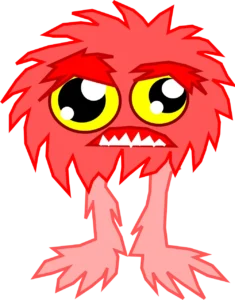 A red monster with yellow eyes and pink hair.
