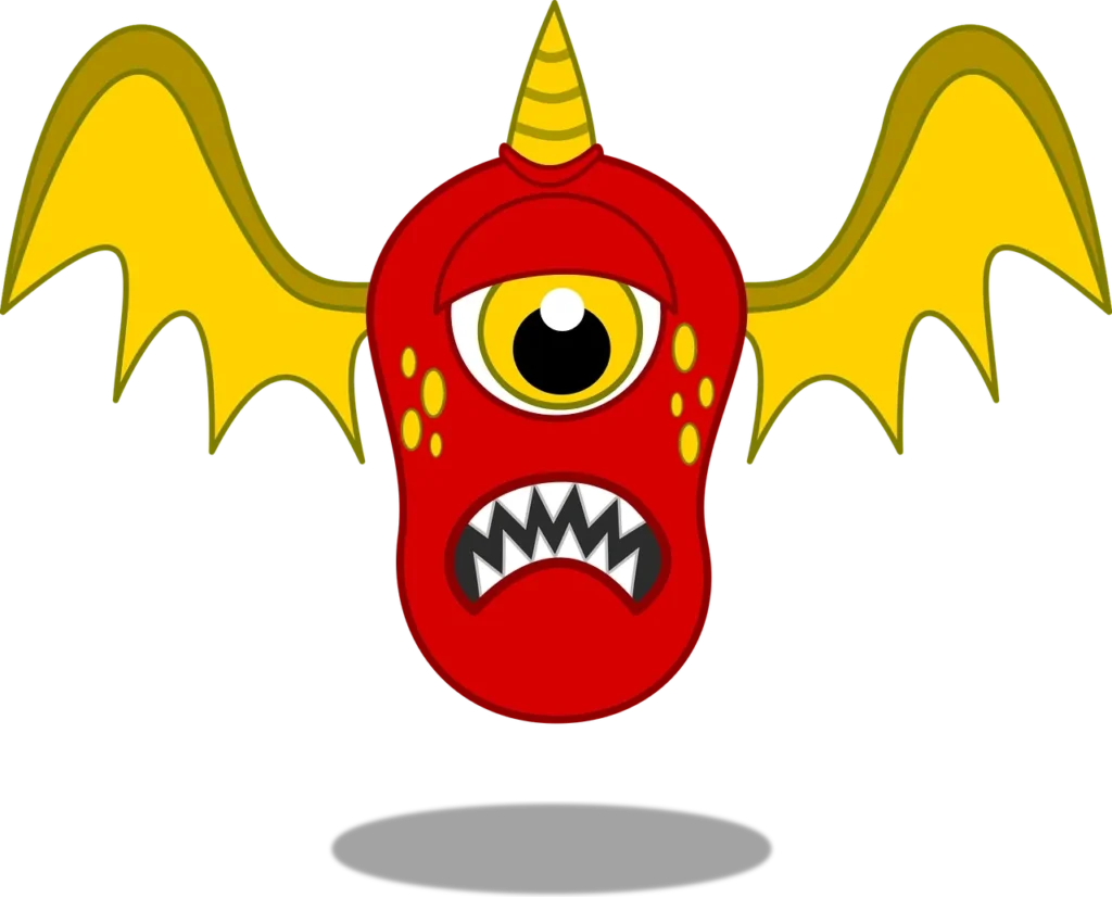 A red monster with yellow horns and eyes.