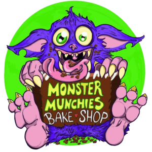 A purple monster holding a sign in front of green background.