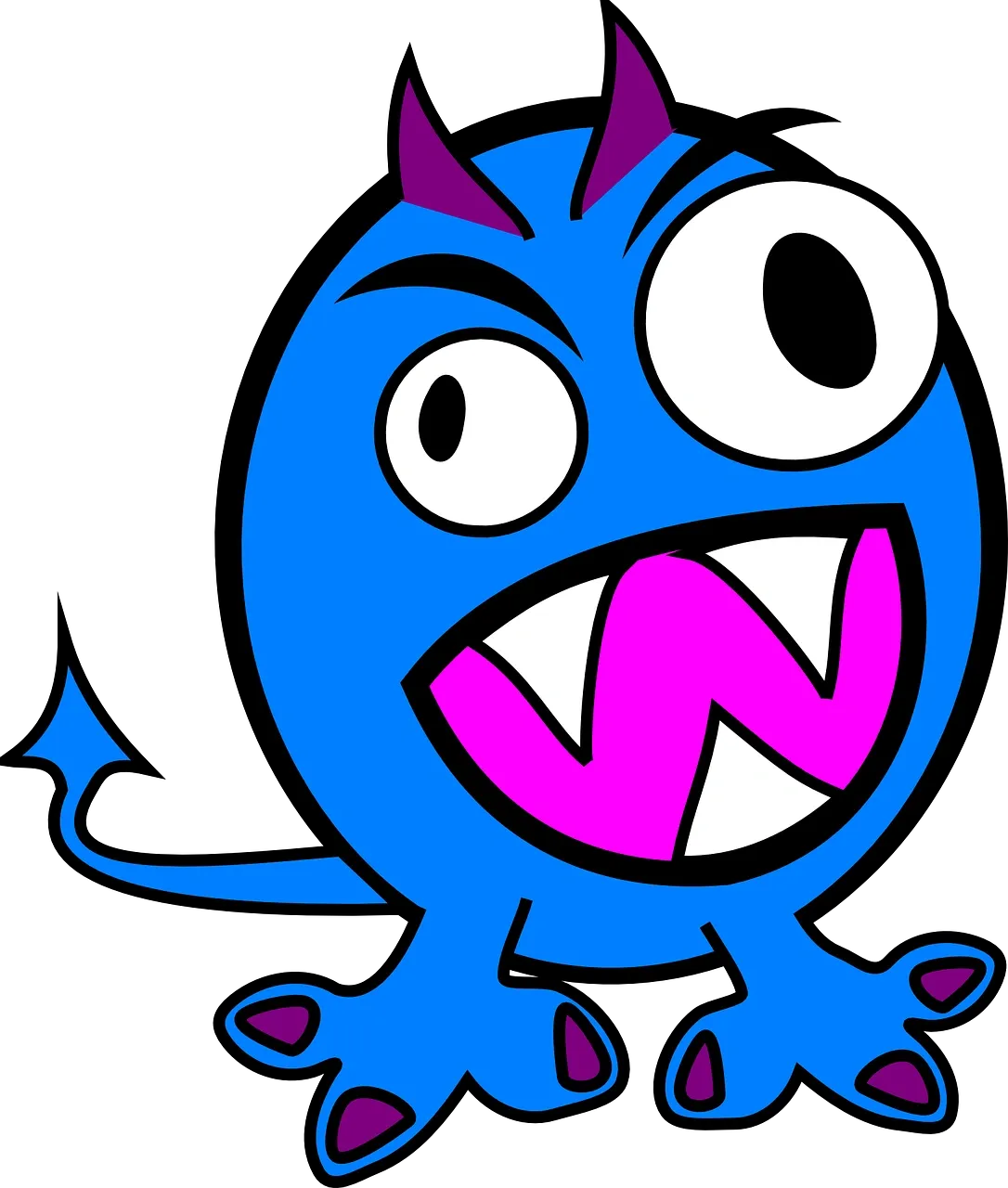 A blue monster with horns and teeth on it's face.
