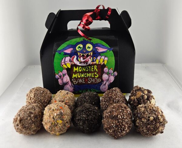 Chocolate truffles in a monster munchies box.